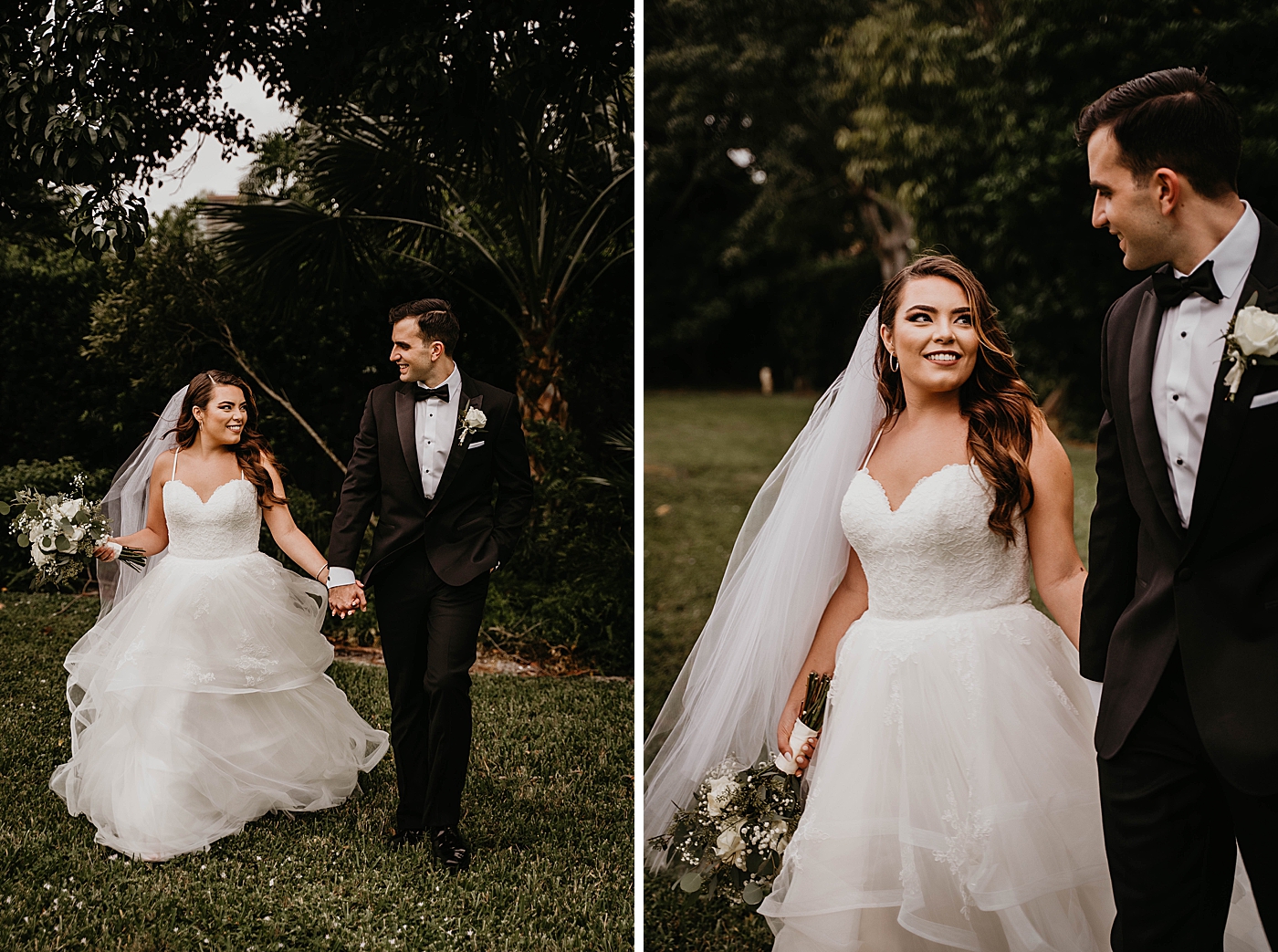 Bride and Groom walking through greenery Intimate South Florida Wedding Photography captured by Wedding Photographer Krystal Capone Photography