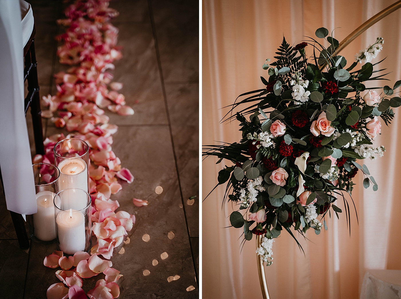 Ceremony detail shot of candles with flower petals and red accent floral pieces Breakers West Wedding Photography captured by South Florida Wedding Photographer Krystal Capone Photography 