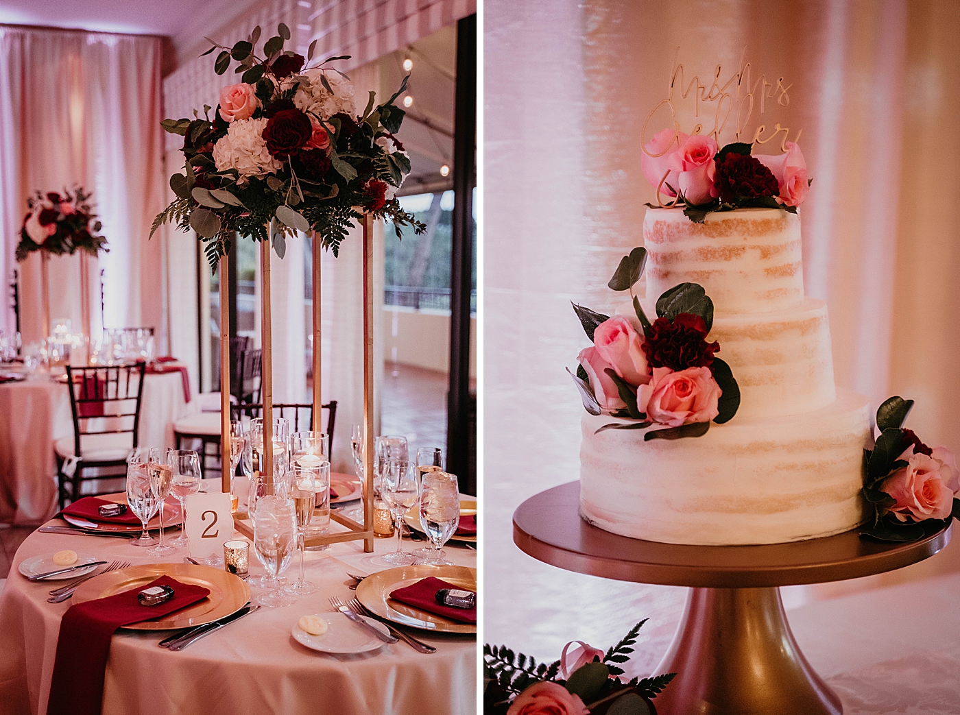 Reception detail shot of flower centerpiece and wedding cake Breakers West Wedding Photography captured by South Florida Wedding Photographer Krystal Capone Photography 