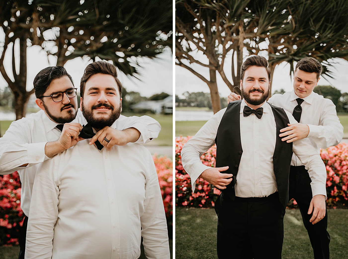 Groom getting help with bow tie and vest with groomsmen Breakers West Wedding Photography captured by South Florida Wedding Photographer Krystal Capone Photography 