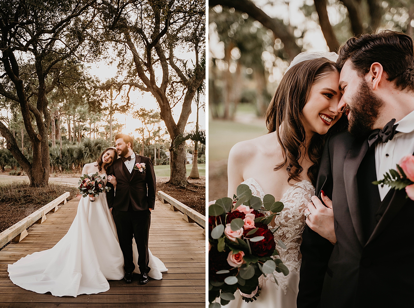 Bride and Groom holding each other nuzzling with red accent bouquet Breakers West Wedding Photography captured by South Florida Wedding Photographer Krystal Capone Photography 