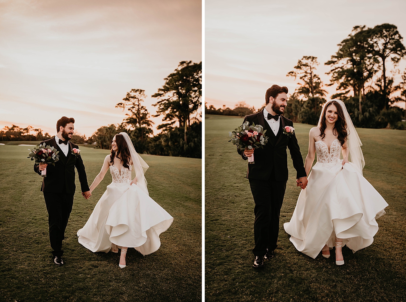 Groom holding bouquet and Bride's hand hand walking together Breakers West Wedding Photography captured by South Florida Wedding Photographer Krystal Capone Photography 