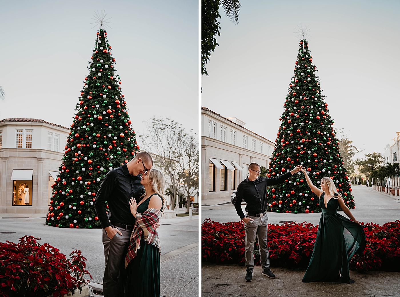 Couple in front of Christmas tree with red flowers Worth Ave Engagement Photography captured by Engagement Photographer Krystal Capone Photography