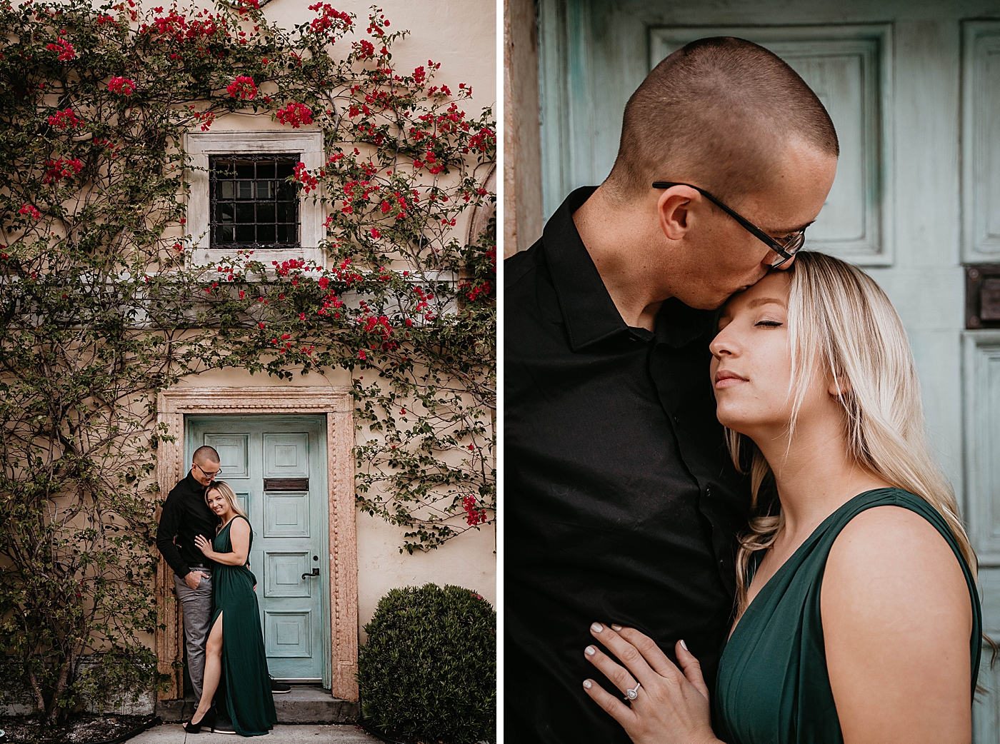 Couple holding each other in front of turquoise door Worth Ave Engagement Photography captured by Engagement Photographer Krystal Capone Photography