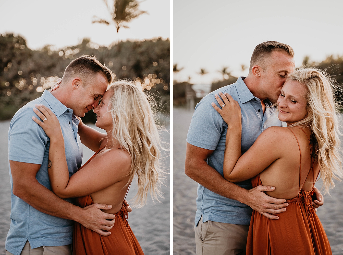 Couple nuzzling on the beach Jupiter Beach Engagement Photography captured by South Florida Engagement Photographer Krystal Capone Photography 