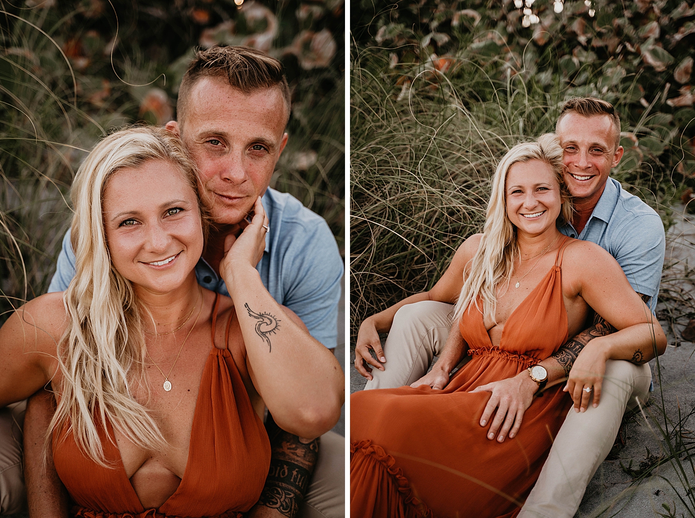 Couple sitting and holding each other on the sand Jupiter Beach Engagement Photography captured by South Florida Engagement Photographer Krystal Capone Photography 