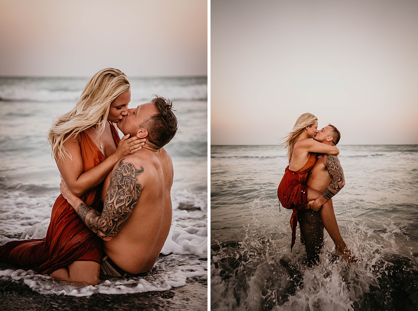 woman kissing shirtless man in the ocean Jupiter Beach Engagement Photography captured by South Florida Engagement Photographer Krystal Capone Photography 