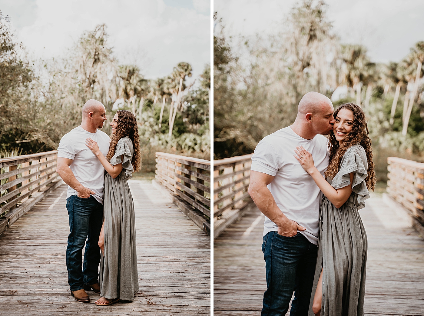 Couple holding each other and guy kissing girl on cheek on wood bridge Romantic Riverbend Park Engagement Photography captured by South Florida Photographer Krystal Capone Photography