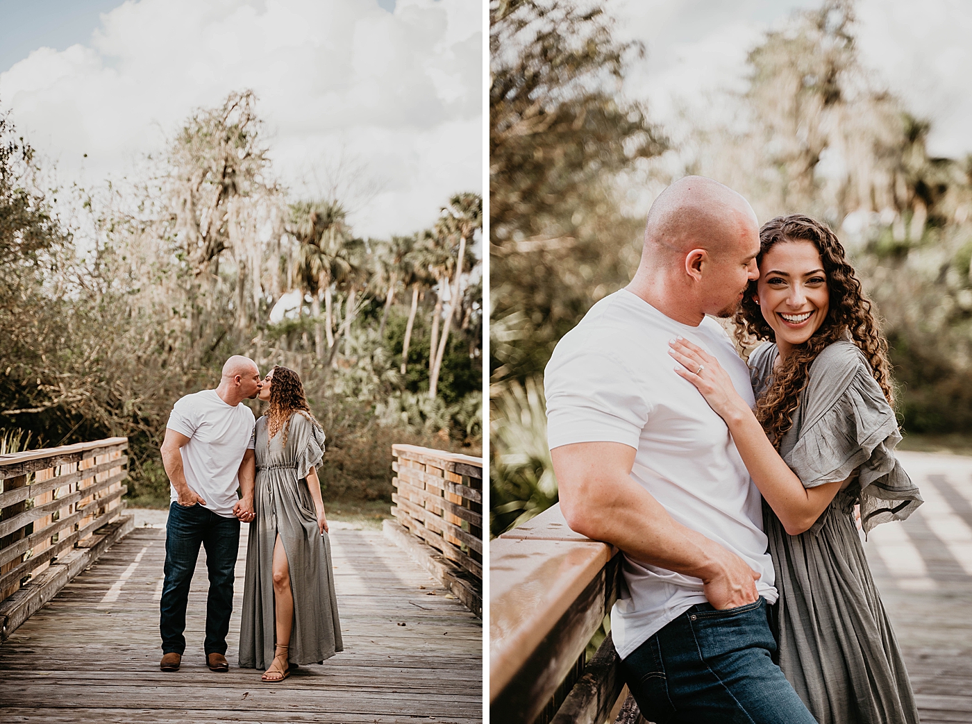 Couple kissing on wood Bridge Romantic Riverbend Park Engagement Photography captured by South Florida Photographer Krystal Capone Photography