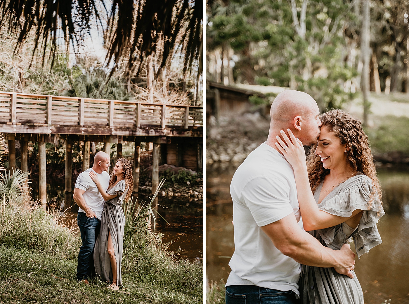 Couple holding each other on green marsh Romantic Riverbend Park Engagement Photography captured by South Florida Photographer Krystal Capone Photography