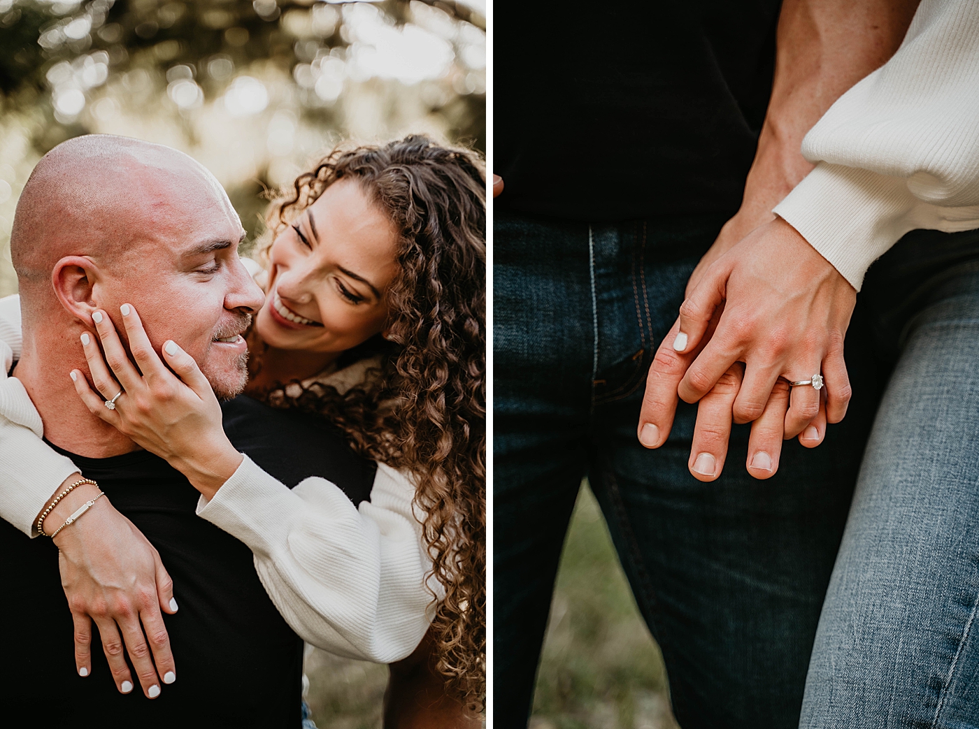 Woman holds man and holding hand shot with engagement ring Romantic Riverbend Park Engagement Photography captured by South Florida Photographer Krystal Capone Photography