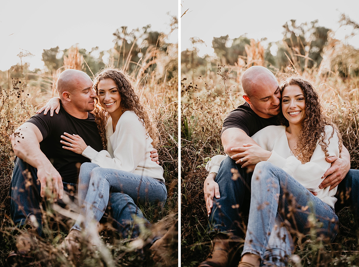 Couple hugging and sitting on grassy field Romantic Riverbend Park Engagement Photography captured by South Florida Photographer Krystal Capone Photography