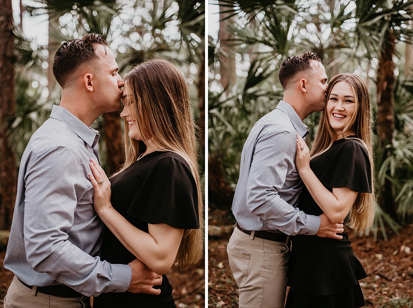 Couple holding each other and man kisses woman's forehead Rustic South Florida Engagement Photography captured by South Florida Engagement Photographer Krystal Capone Photography 