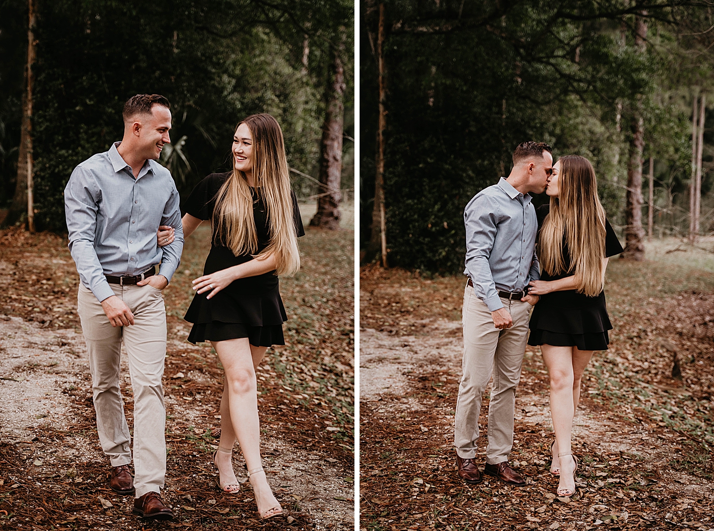 Couple looking at each other and walking together through fall leafs Rustic South Florida Engagement Photography captured by South Florida Engagement Photographer Krystal Capone Photography 