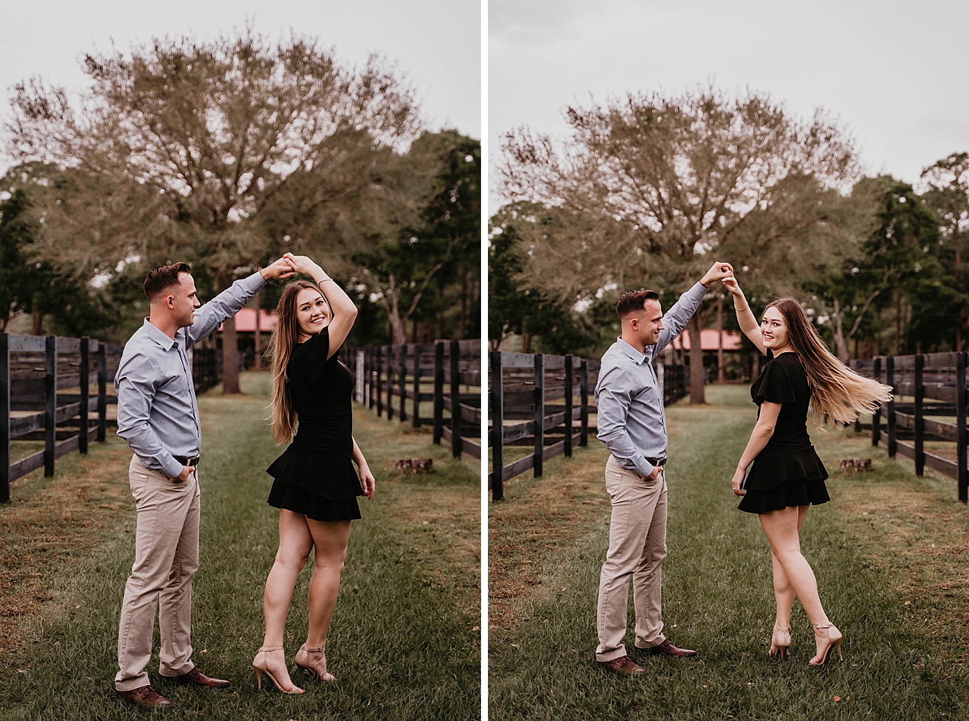 Couple pirouetting on grassy field Rustic South Florida Engagement Photography captured by South Florida Engagement Photographer Krystal Capone Photography 