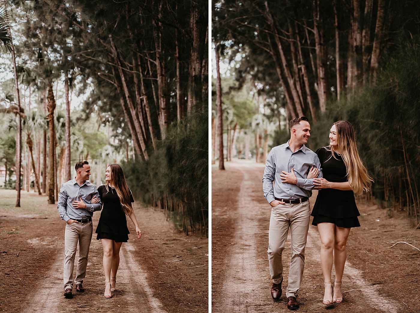 Couple arm in arm walking on dirt trail Rustic South Florida Engagement Photography captured by South Florida Engagement Photographer Krystal Capone Photography 