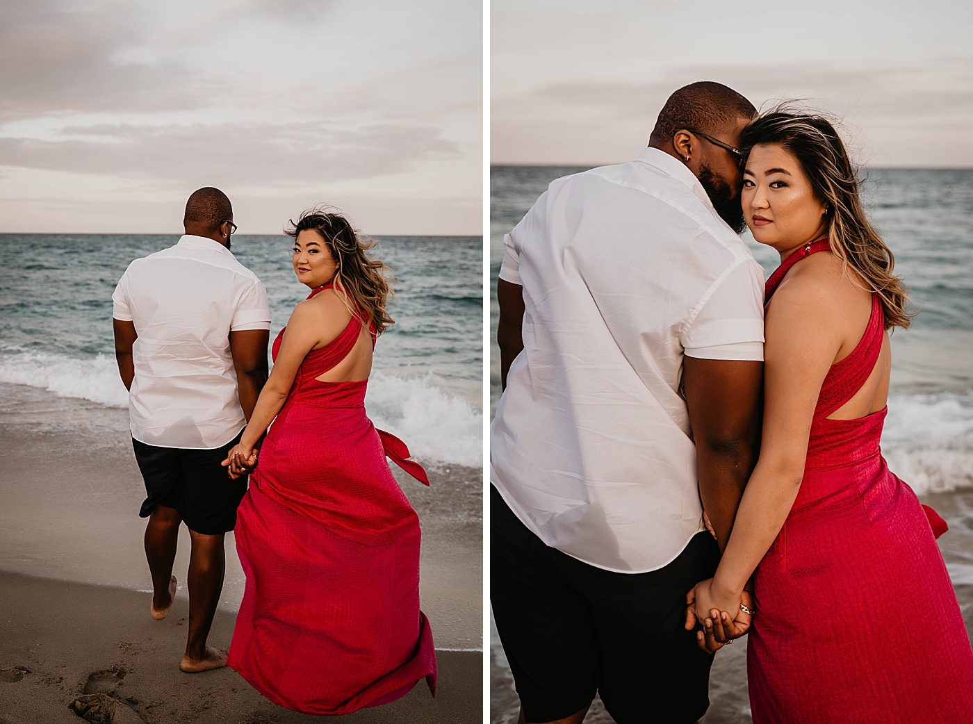 Husband and wife holding hands standing in front of the ocean with wife looking back Palm Beach Anniversary Photography captured by South Florida Family Photographer Krystal Capone Photography