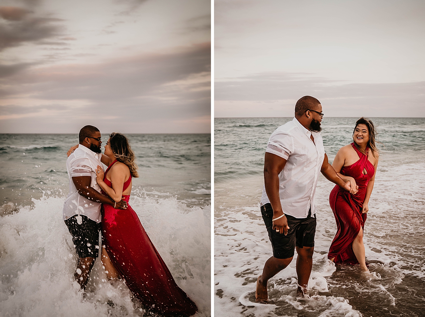 Couple holding each other as ocean wave crashes into them and them holding hands Palm Beach Anniversary Photography captured by South Florida Family Photographer Krystal Capone Photography