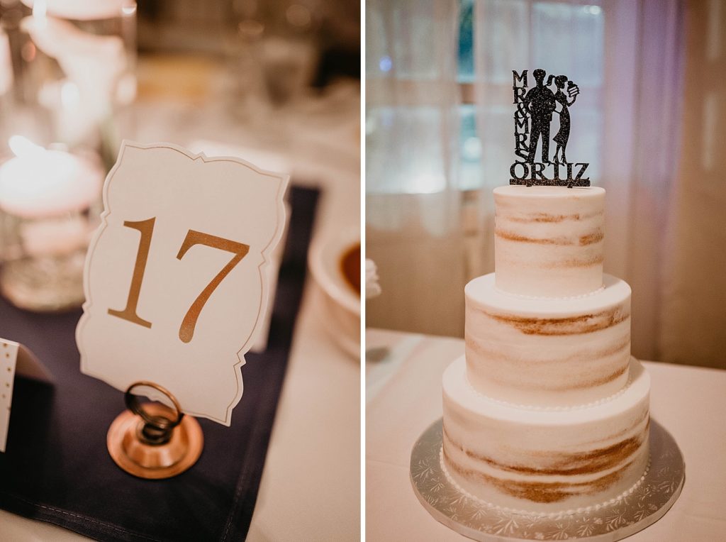 Detail shot of table number and cake with personalized cake topper 94th Aero Squadron Miami Wedding Photography captured by South Florida Engagement Photographer Krystal Capone Photography 