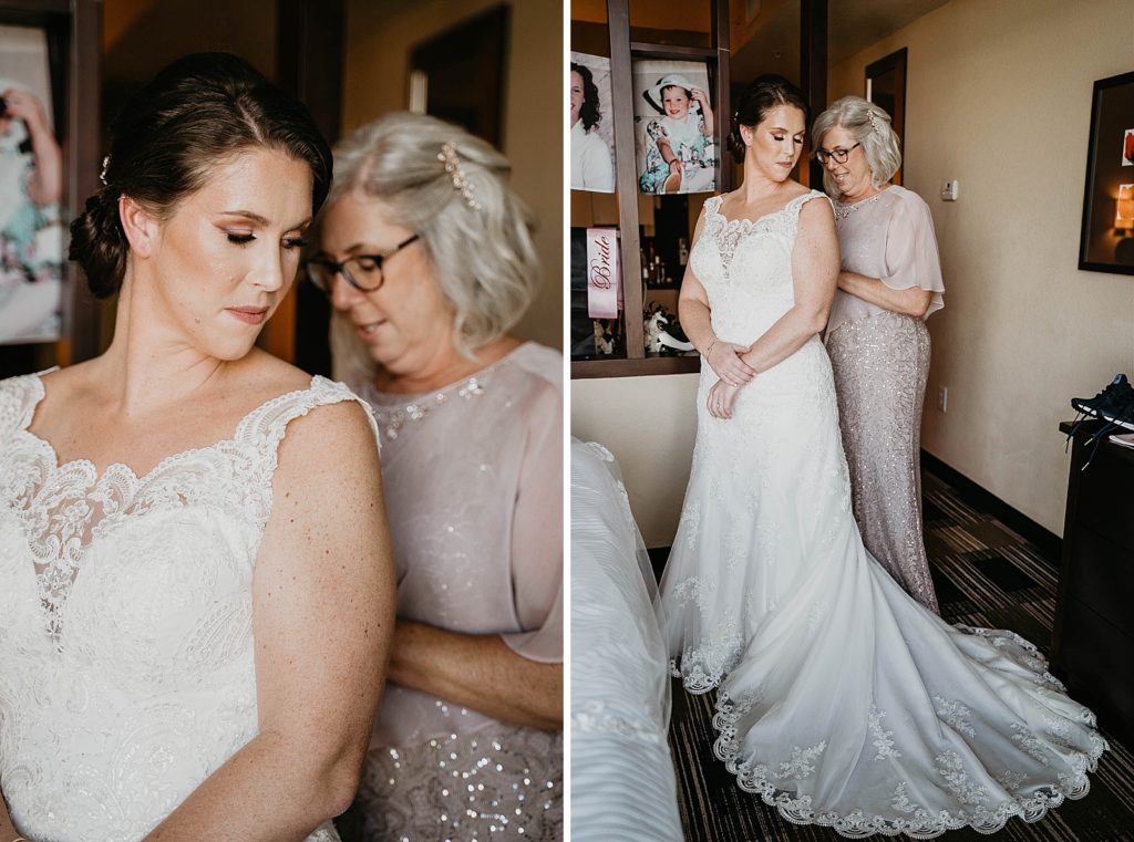 Mother helping Bride button up wedding dress 94th Aero Squadron Miami Wedding Photography captured by South Florida Engagement Photographer Krystal Capone Photography 