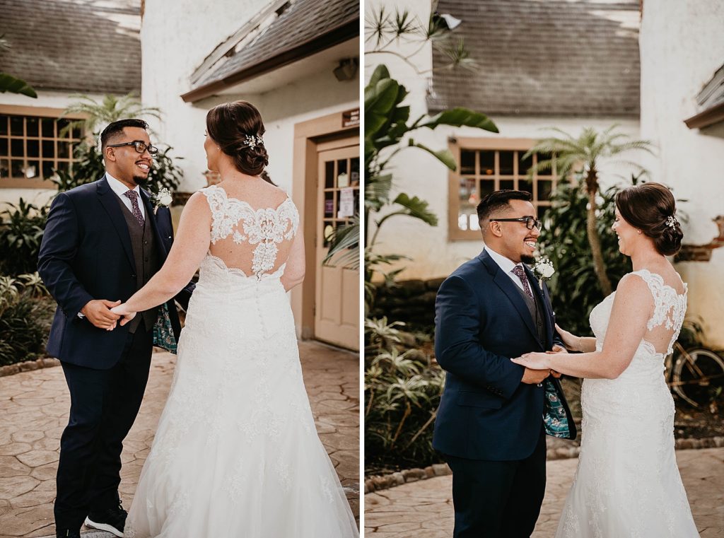 Bride and Groom holding hands in courtyard 94th Aero Squadron Miami Wedding Photography captured by South Florida Engagement Photographer Krystal Capone Photography 