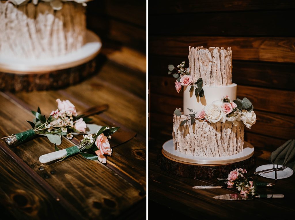 Detail shot of boutonnieres and wedding cake with flower decor Ever After Farms Wedding Photography captured by South Florida Wedding Photographer Krystal Capone Photography 