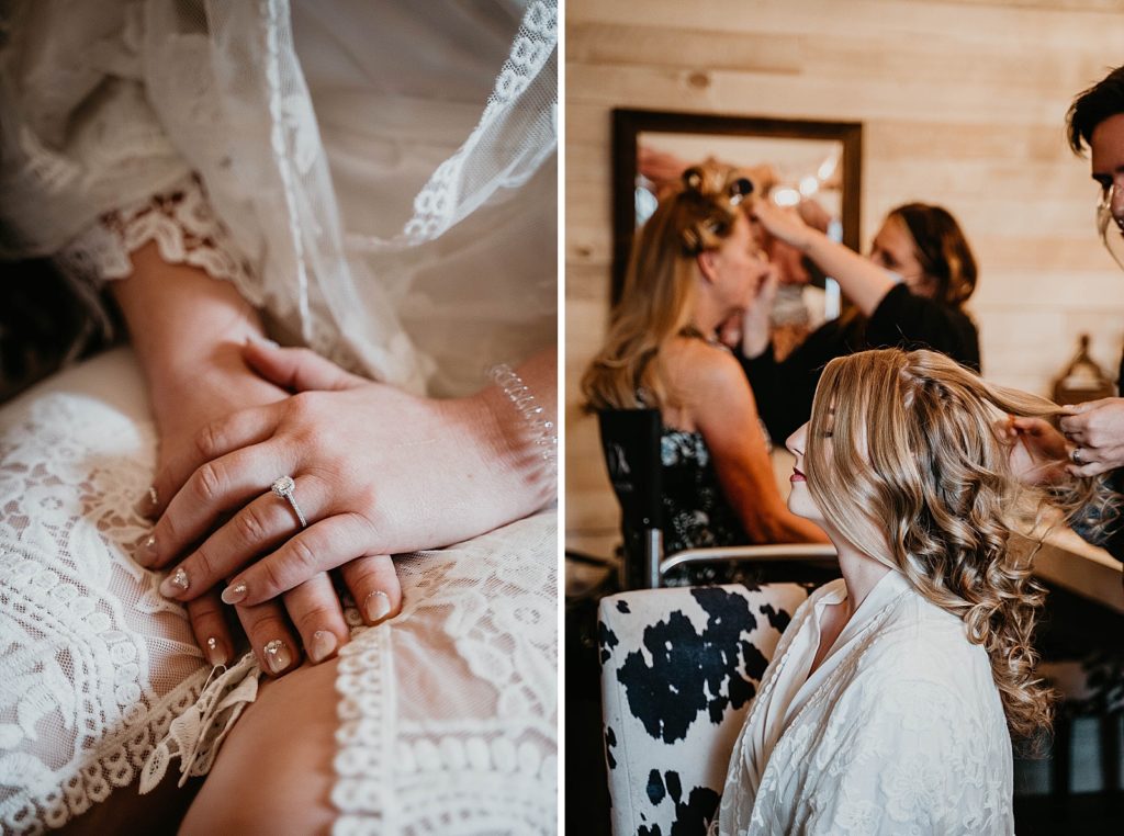 Bride getting ready with closeup of engagement ring and hair stylist working on hair Ever After Farms Wedding Photography captured by South Florida Wedding Photographer Krystal Capone Photography 