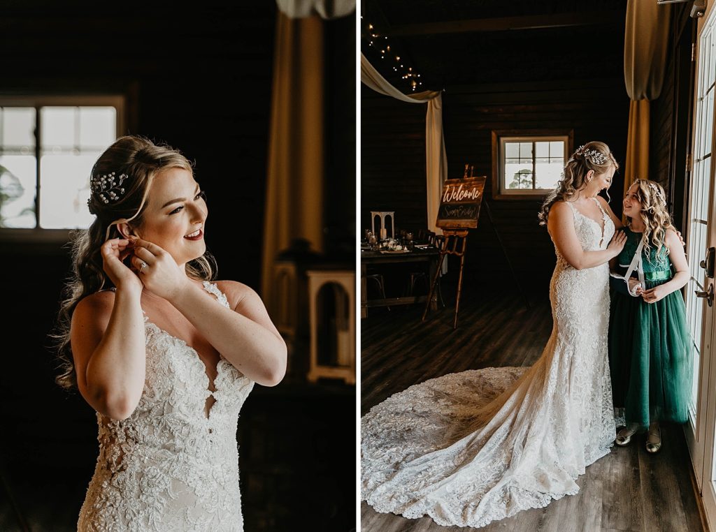 Bride getting ready putting earrings on and talking to jr bridesmaid Ever After Farms Wedding Photography captured by South Florida Wedding Photographer Krystal Capone Photography 