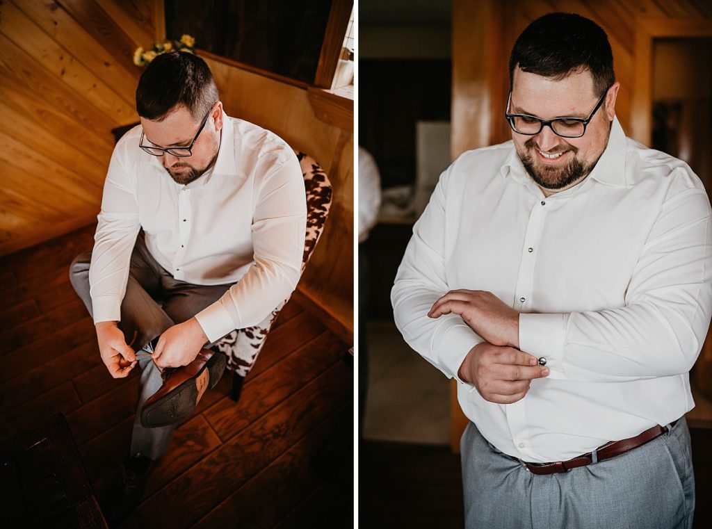 Groom getting ready putting on shoes and adjusting cuff Ever After Farms Wedding Photography captured by South Florida Wedding Photographer Krystal Capone Photography 
