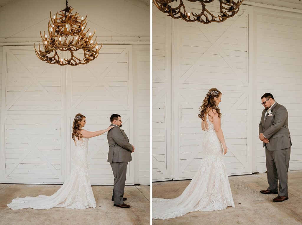 Bride tapping Groom for First look and Groom's reaction to seeing Bride underneath antler Chandelier Ever After Farms Wedding Photography captured by South Florida Wedding Photographer Krystal Capone Photography 