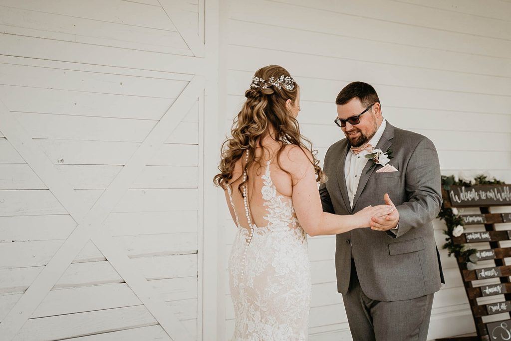 Groom reacting to seeing Bride for First Look Ever After Farms Wedding Photography captured by South Florida Wedding Photographer Krystal Capone Photography 