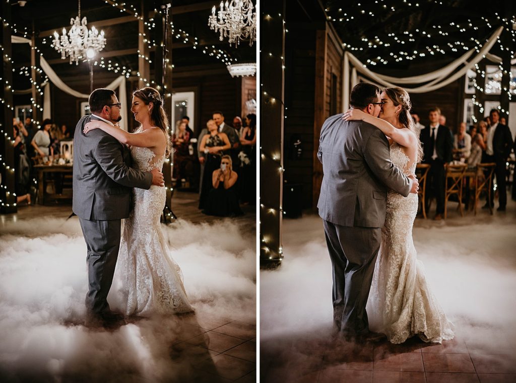 Bride and Groom first dance with smoke over the ground Ever After Farms Wedding Photography captured by South Florida Wedding Photographer Krystal Capone Photography 