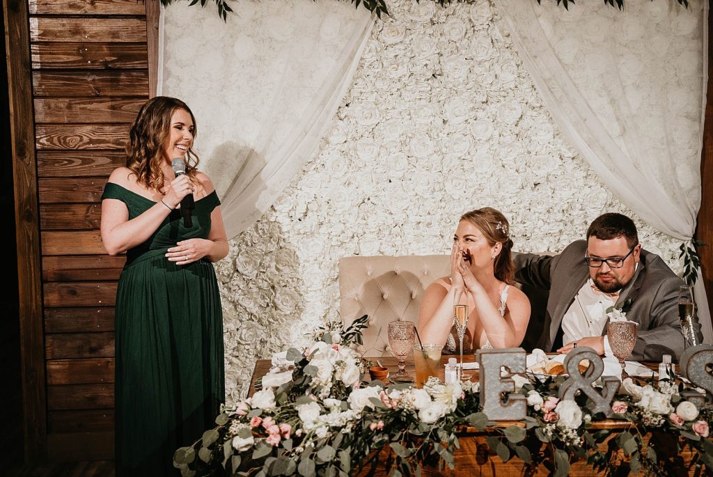 Maid of honor sppeech by sweetheart table Ever After Farms Wedding Photography captured by South Florida Wedding Photographer Krystal Capone Photography 