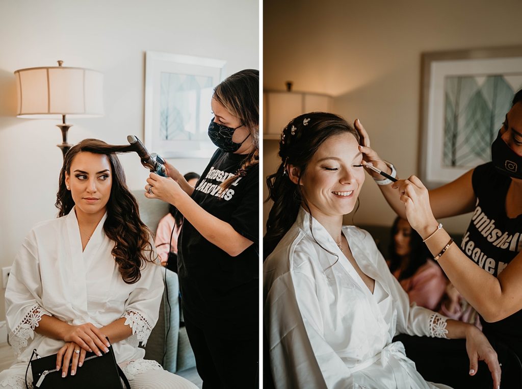 Bride getting ready getting her hair curled by hair stylist and makeup being done by makeup artist Hawks Cay Resort Wedding Photography captured by South Florida Wedding Photographer Krystal Capone Photography 