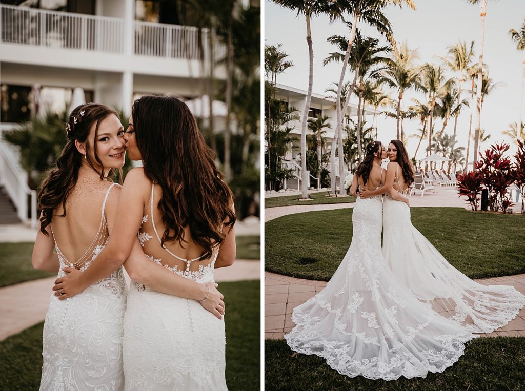 Bride kissing Bride on the Cheek LGBTQIA+ Hawks Cay Resort Wedding Photography captured by South Florida Wedding Photographer Krystal Capone Photography 