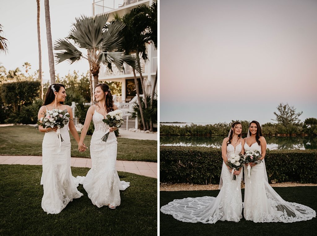 Brides holding hands walking together LGBTQIA+ Hawks Cay Resort Wedding Photography captured by South Florida Wedding Photographer Krystal Capone Photography 