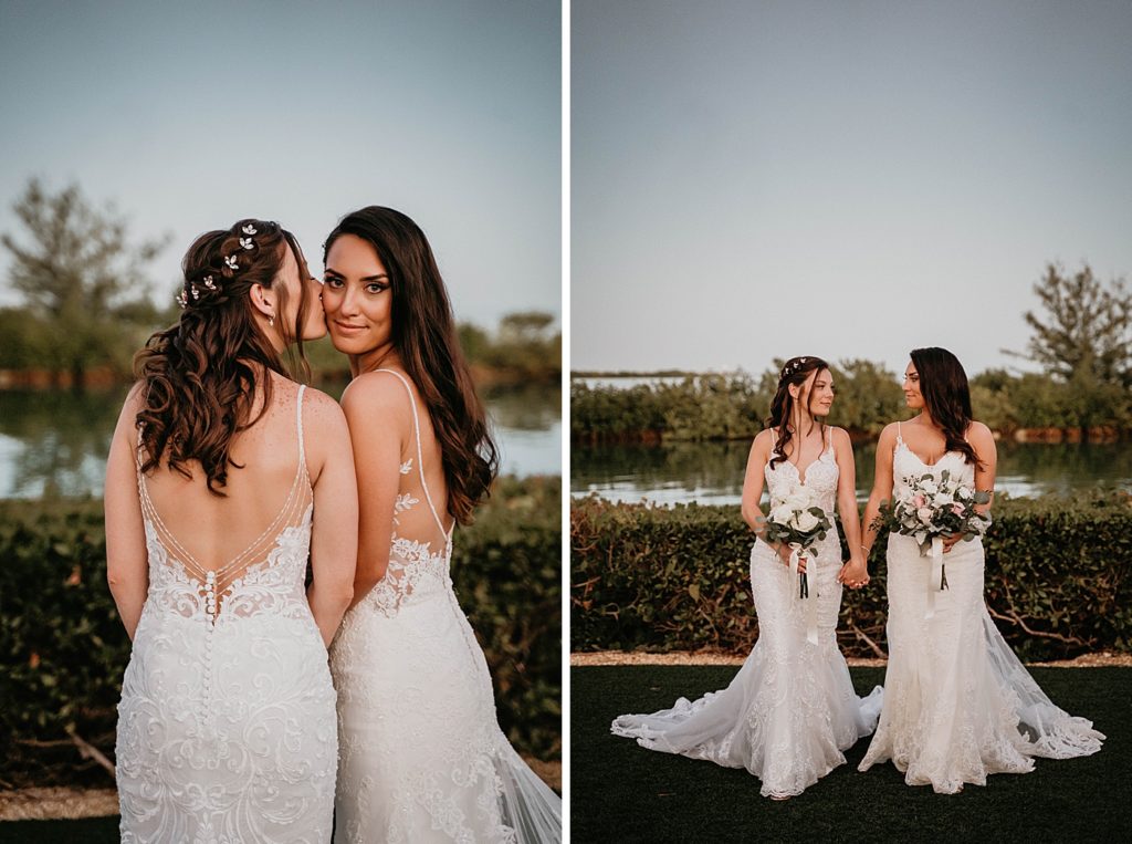 Bride kissing Bride on the cheek and holding hands by the water LGBTQIA+ Hawks Cay Resort Wedding Photography captured by South Florida Wedding Photographer Krystal Capone Photography 