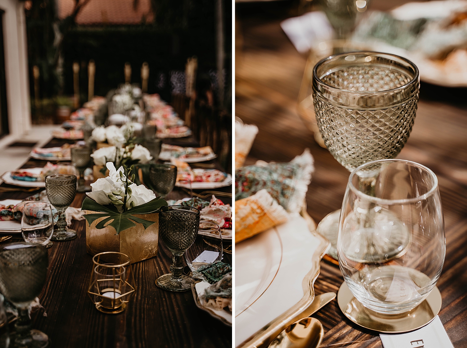 Shot of long reception table and glasses Intimate South Florida Wedding Photography captured by South Florida Wedding Photographer Krystal Capone Photography 
