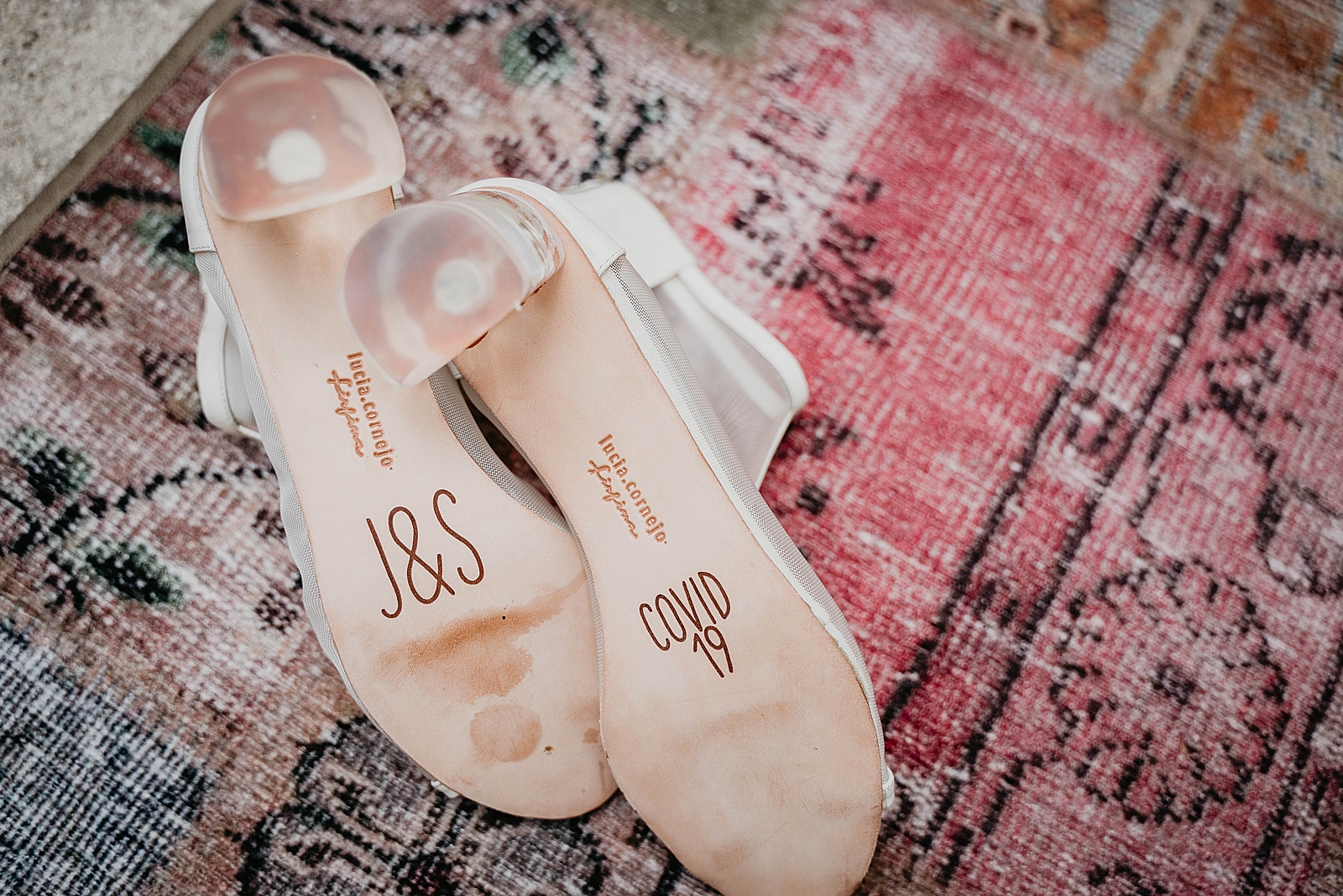 Detail shot of Wedding shoes with COVID-19 printed on them Intimate South Florida Wedding Photography captured by South Florida Wedding Photographer Krystal Capone Photography 