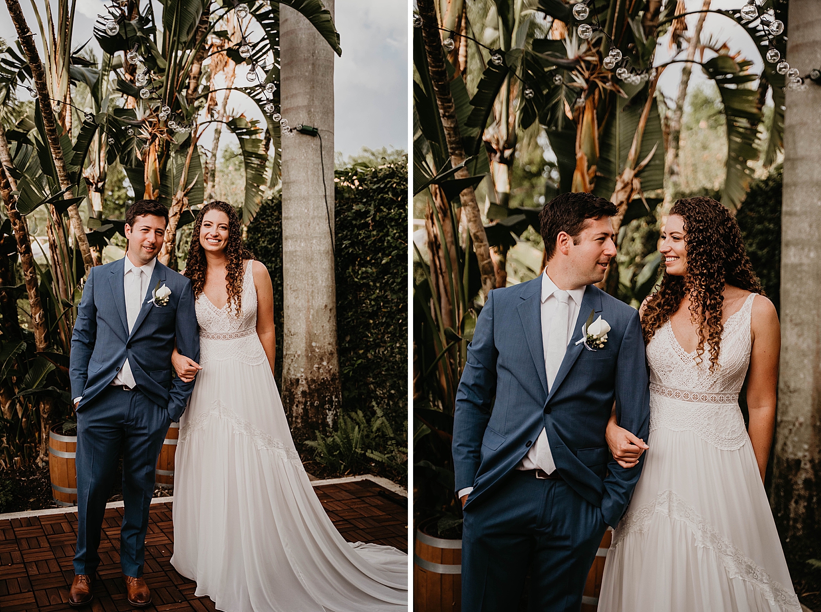 Bride wrapping arm around Groom's arm posing by palm trees Intimate South Florida Wedding Photography captured by South Florida Wedding Photographer Krystal Capone Photography 