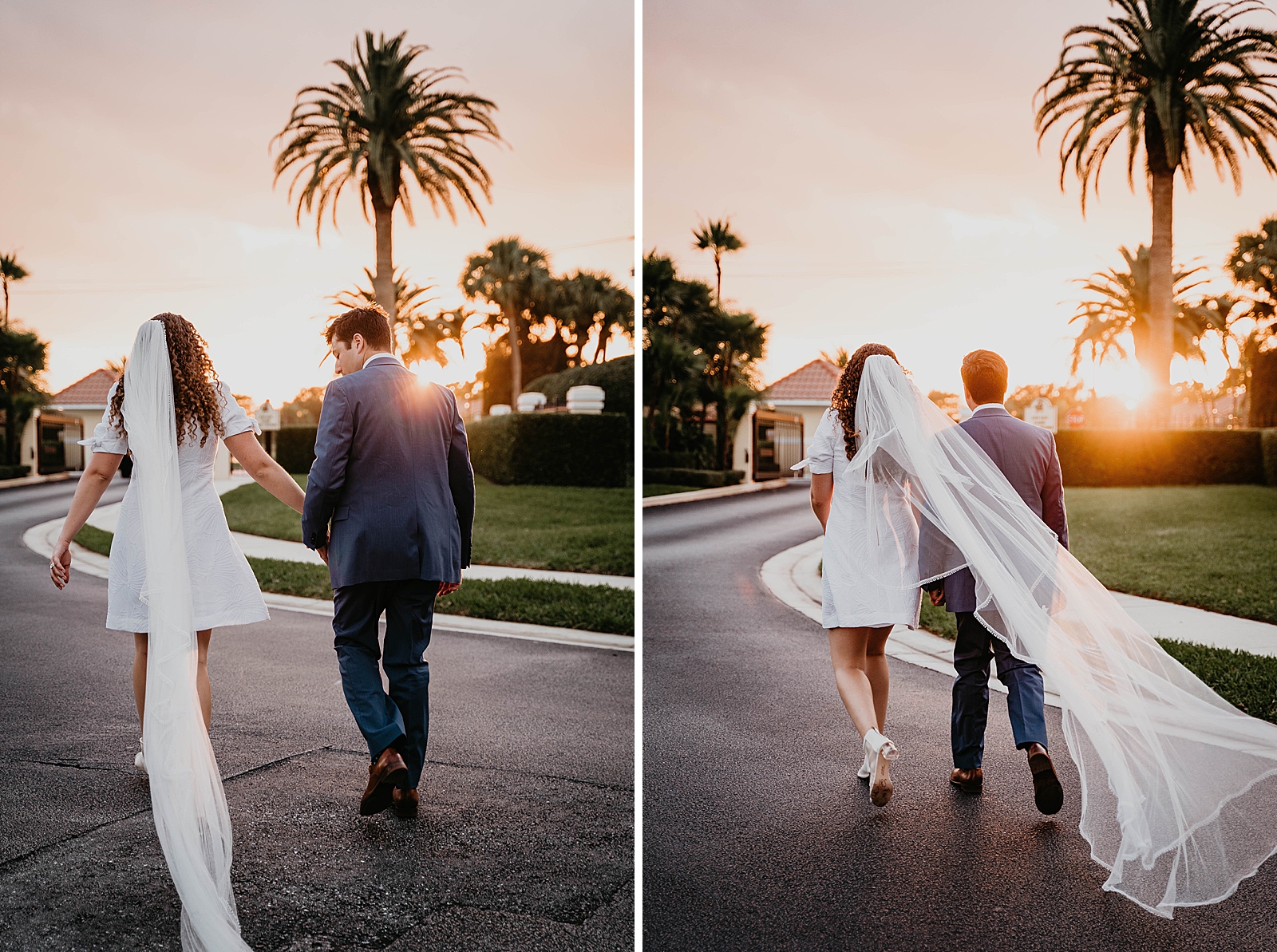 Bride and Groom holding hands and walking on the street together as the sun sets Intimate South Florida Wedding Photography captured by South Florida Wedding Photographer Krystal Capone Photography 
