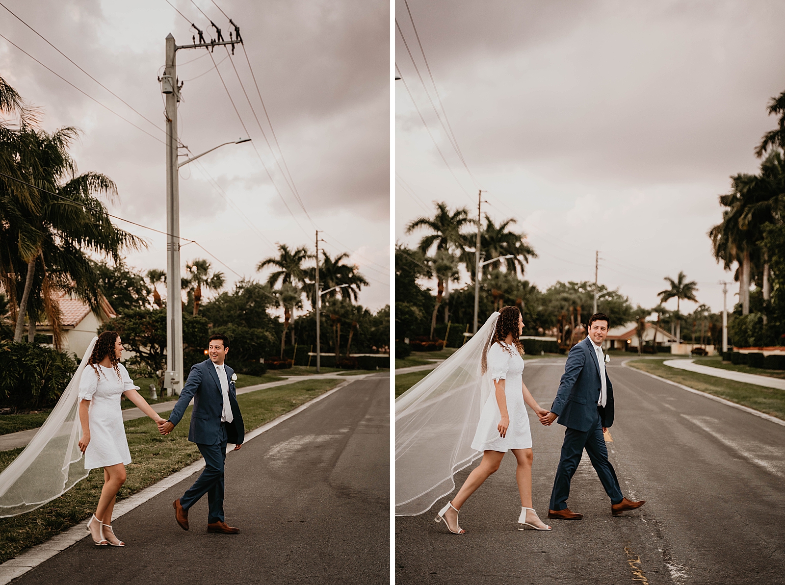 Bride and Groom holding hands and crossing the street together Intimate South Florida Wedding Photography captured by South Florida Wedding Photographer Krystal Capone Photography 