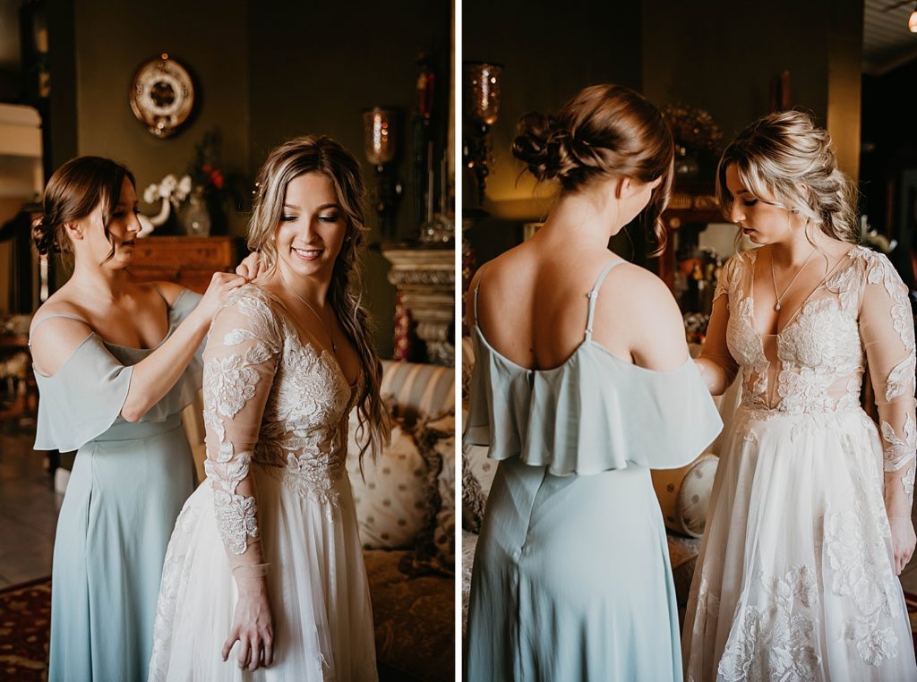 Bride Getting Ready getting help putting on dress Intimate South Florida Wedding Photography captured by South Florida Wedding Photographer Krystal Capone Photography 