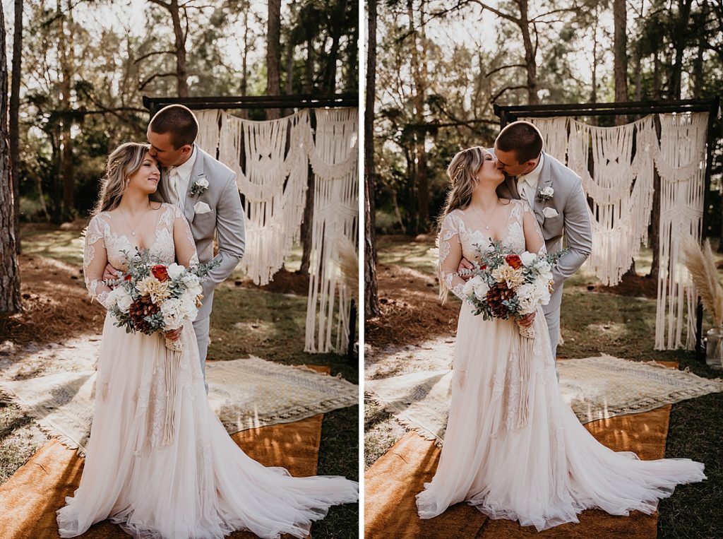 Portraits of Bride and Groom holding each other and kissing by macrame archway Intimate South Florida Wedding Photography captured by South Florida Wedding Photographer Krystal Capone Photography 