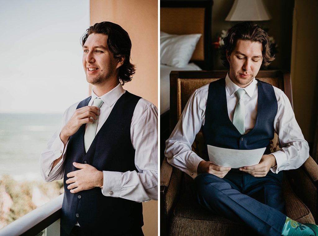 Groom getting ready looking at letter Jupiter Beach Resort Wedding Photography captured by South Florida Wedding Photographer Krystal Capone Photography 