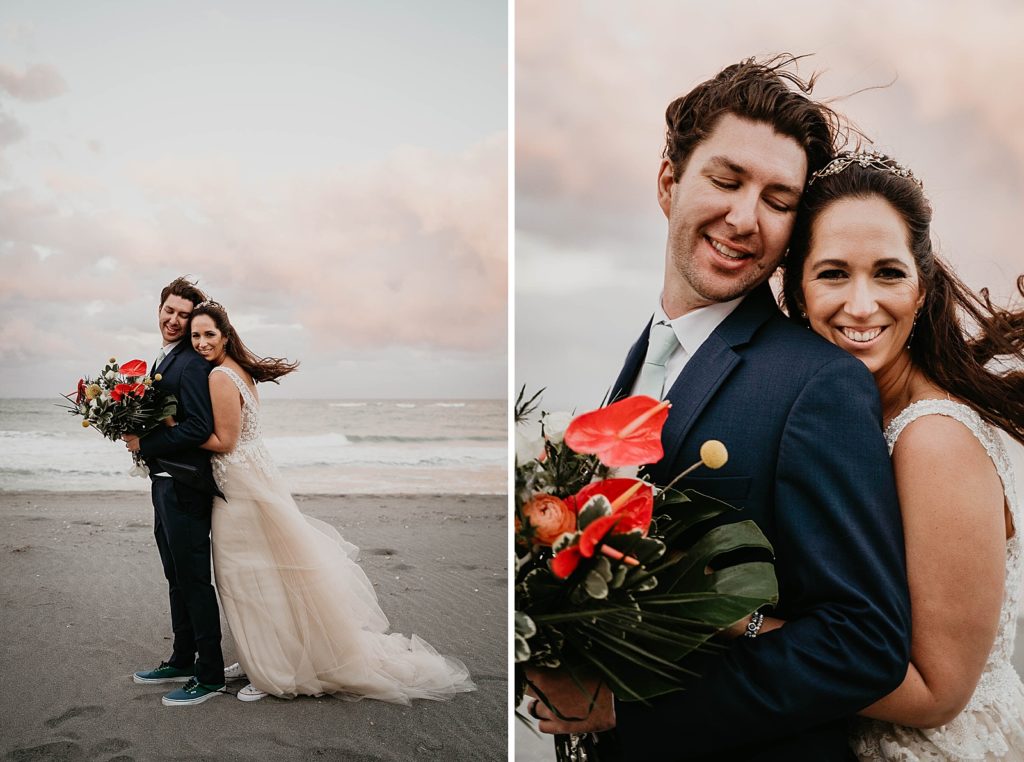 Bride holding Groom holding tropical red bouquet on the beach Jupiter Beach Resort Wedding Photography captured by South Florida Wedding Photographer Krystal Capone Photography 