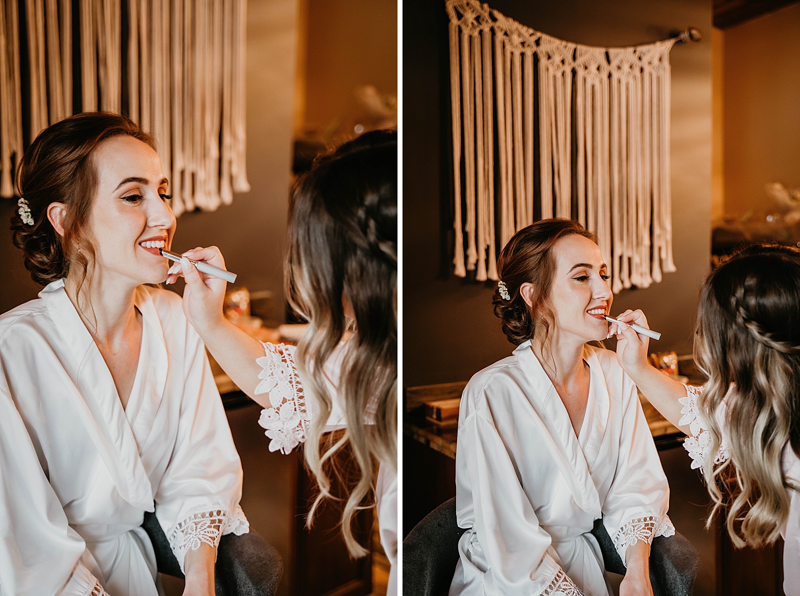 Bride getting ready with makeup artist putting lipstick on her Living Sculptures Sanctuary Wedding Photography captured by South Florida Wedding Photographer Krystal Capone Photography 