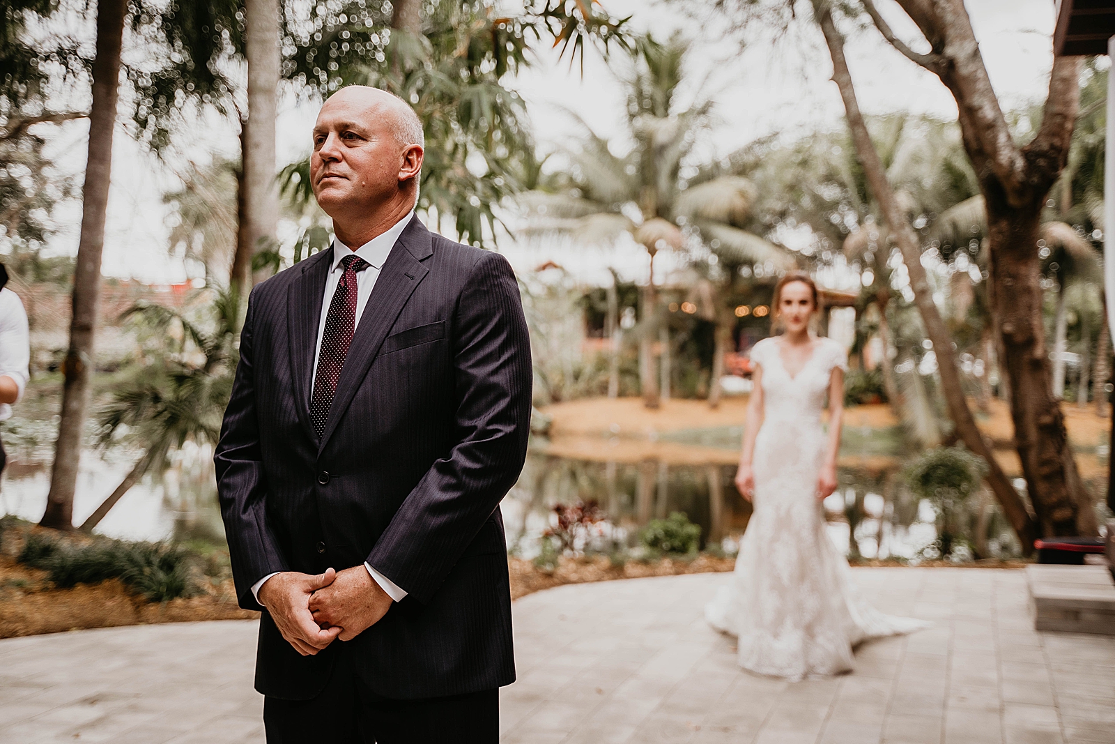 Bride approaching Father for First Look Living Sculptures Sanctuary Wedding Photography captured by South Florida Wedding Photographer Krystal Capone Photography 