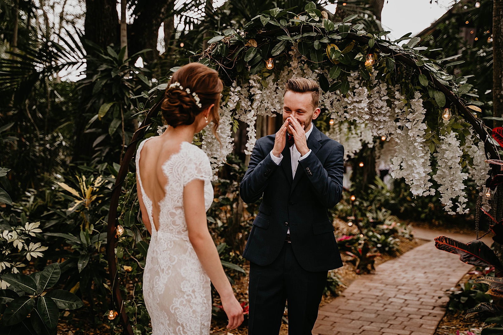 Groom's emotional reaction to seeing Bride for First Look Living Sculptures Sanctuary Wedding Photography captured by South Florida Wedding Photographer Krystal Capone Photography 