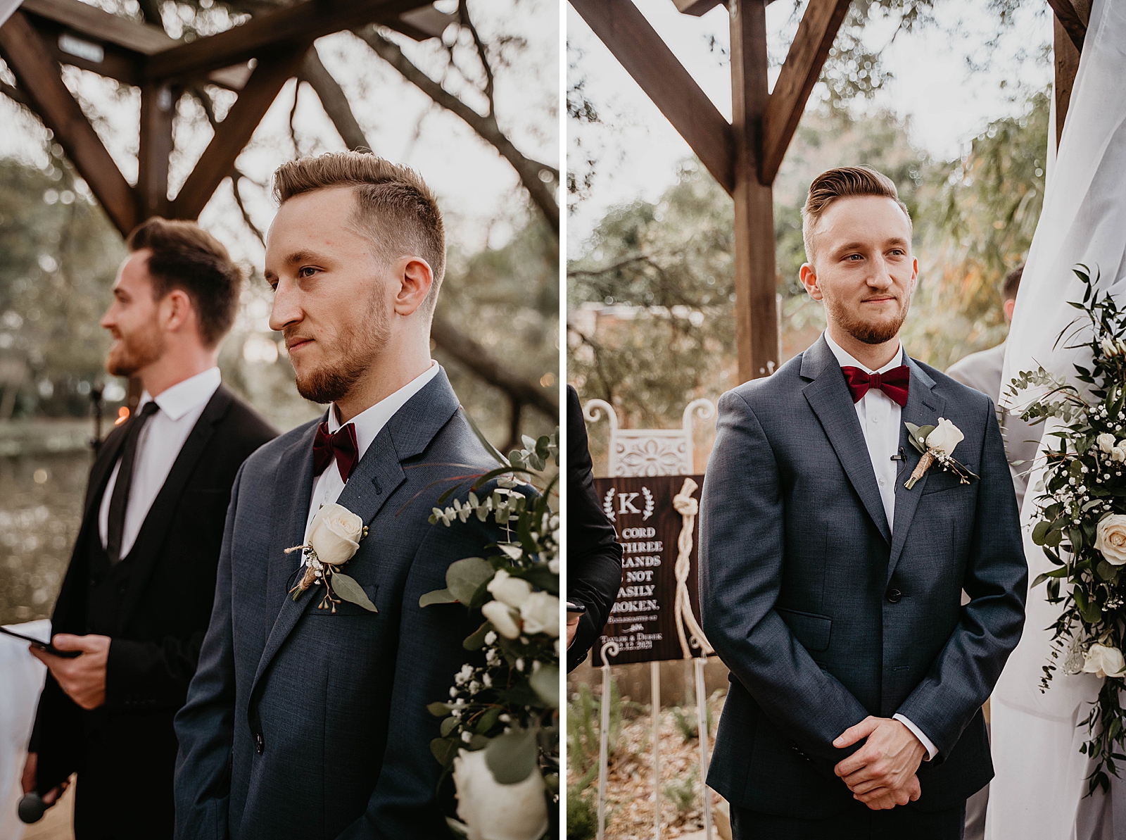 Groom awaiting Bride at the alter waiting for Bride with white boutonniere Living Sculptures Sanctuary Wedding Photography captured by South Florida Wedding Photographer Krystal Capone Photography  